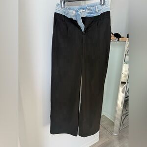 Black Pinstripe Pants with Denim Waistband
